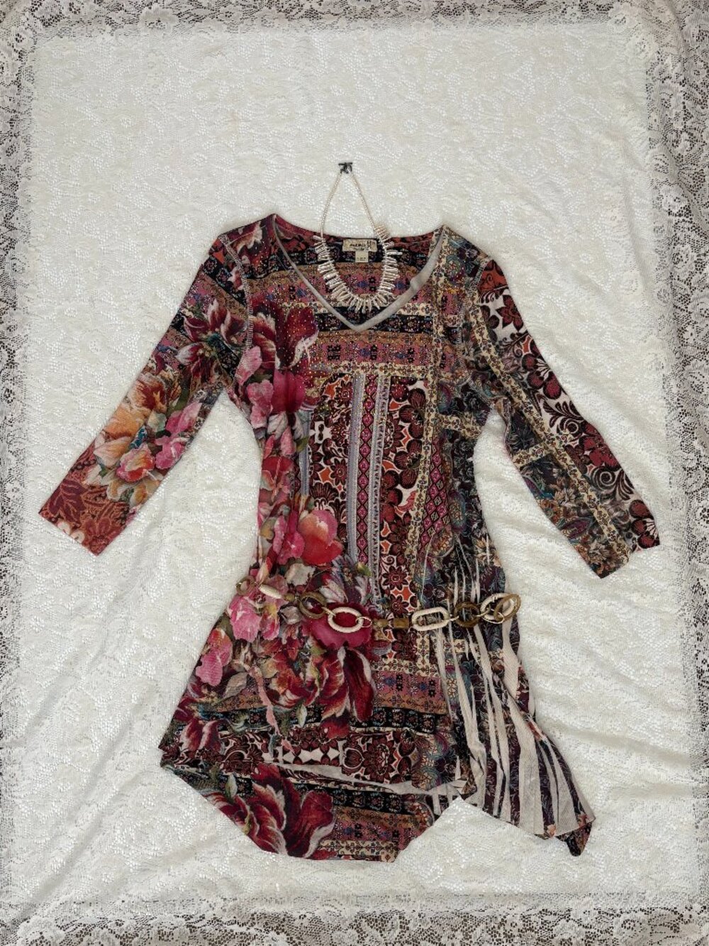 Y2K Fairy Core Pink Print Long Bell Sleeve V Neck Top One World Size Small